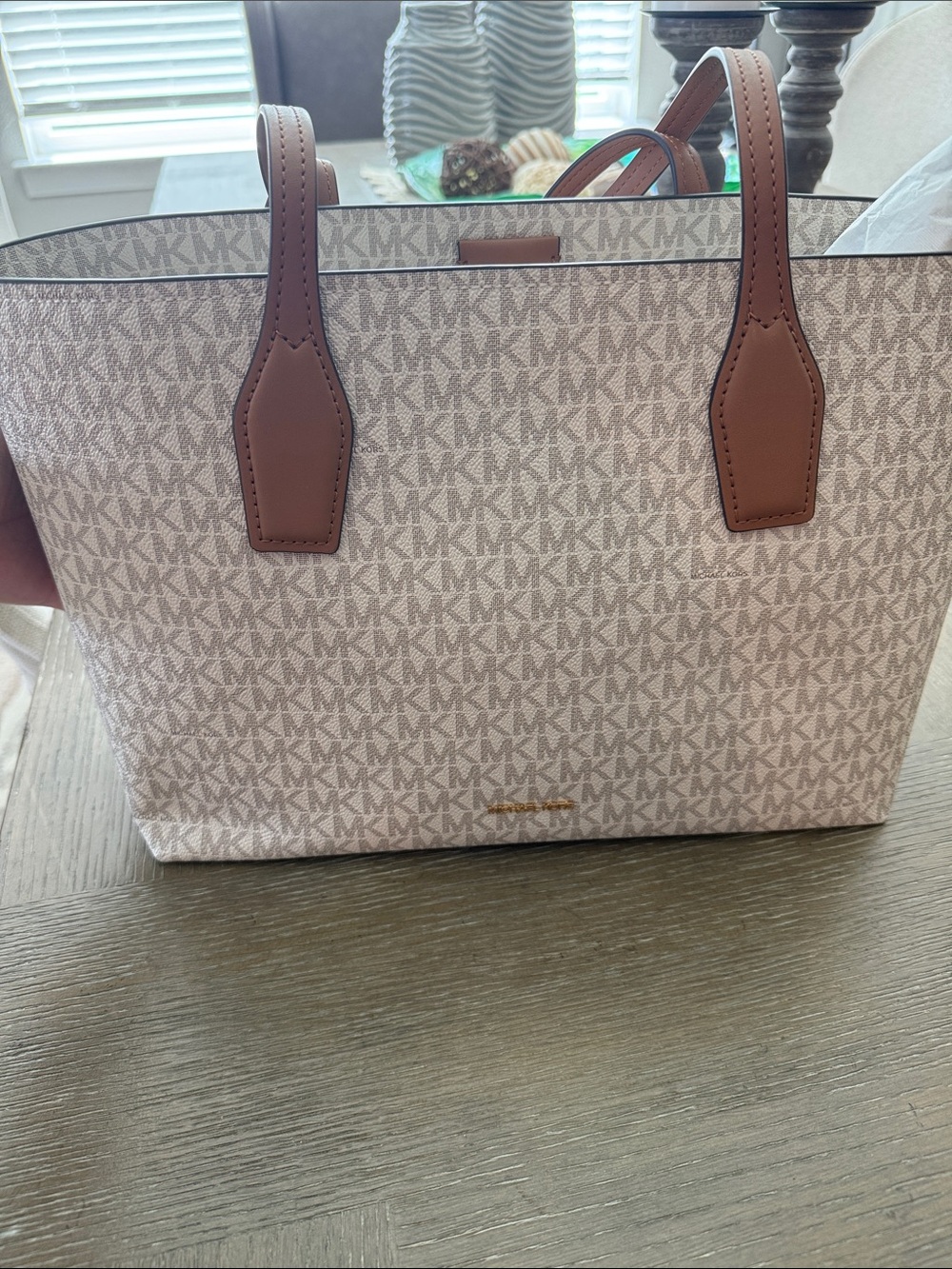 Michael Kors Pink Beige Signature Tote with Brown Leather Trim